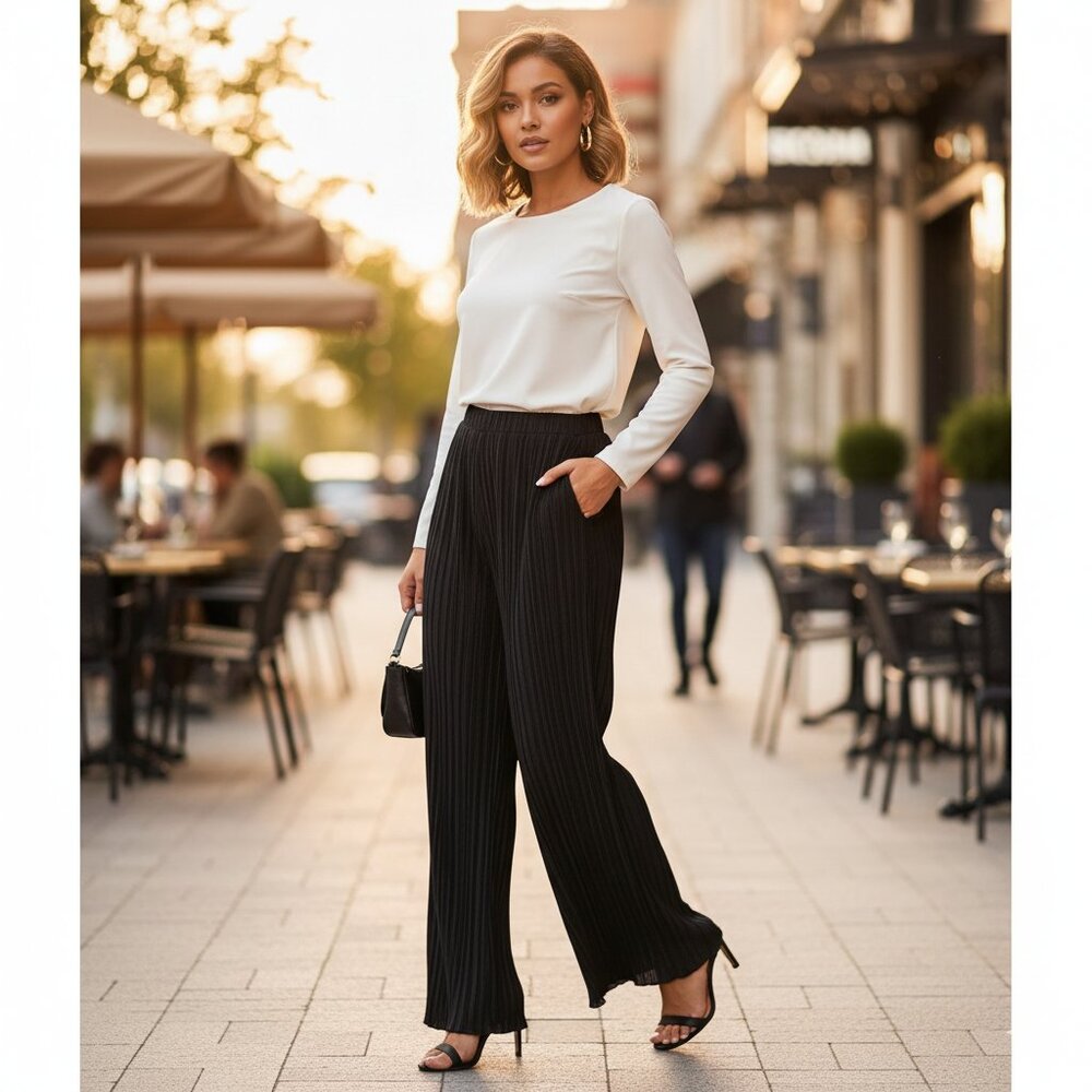 Spring Haze Black Pleated Wide-Leg Pants Flowy High-Rise Trousers Size L